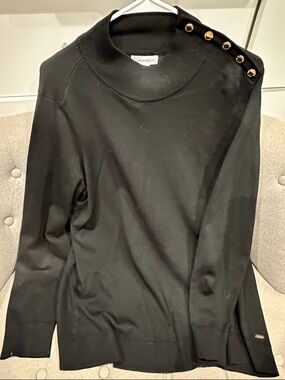 Calvin Klein Black Crewneck Sweater with Gold Button Accents